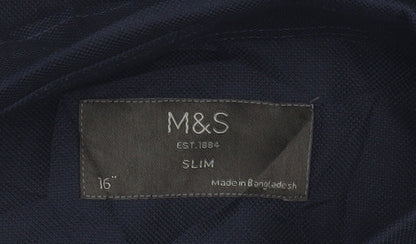 Marks & Spencer Men Blue 16 Slim Button Down Long Sleeve Shirt