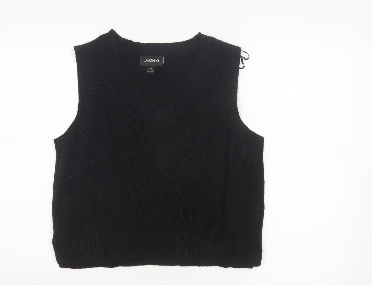 MONKI Women Black UK 12 Cable Knit V-Neck Sleeveless Jumper Vest