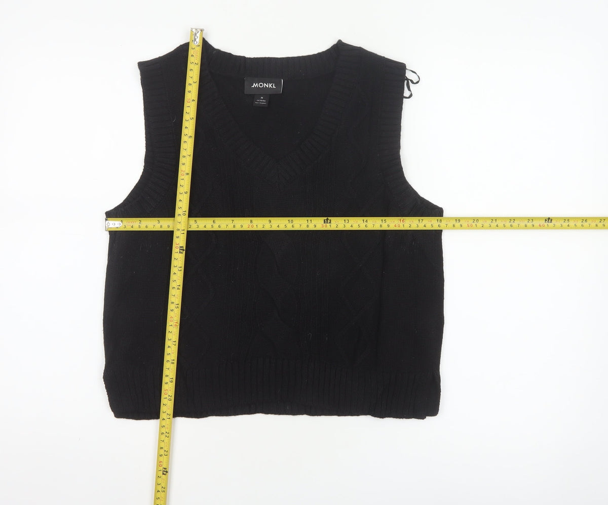 MONKI Women Black UK 12 Cable Knit V-Neck Sleeveless Jumper Vest