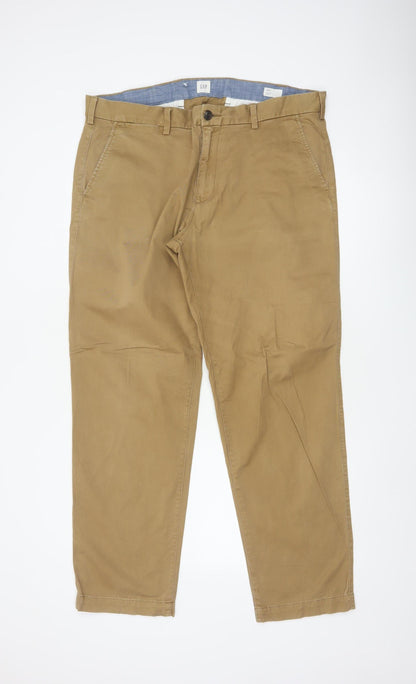 Gap Men’s Beige 38x32 Straight Chino Trousers Cotton Flat Front