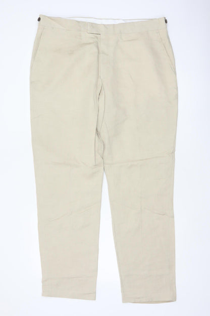 Jaeger Men’s Beige 38in Linen Flax Regular Straight Dress Trousers