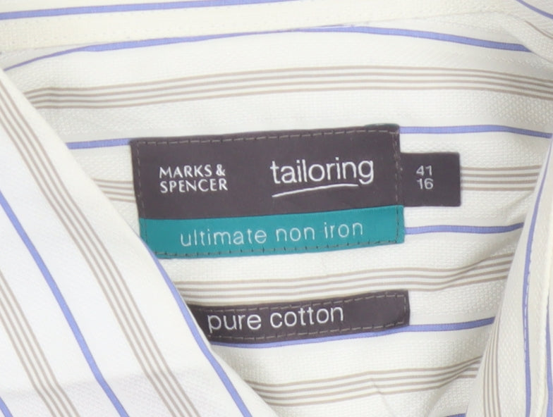 Marks & Spencer Men White Stripe Cotton Non-Iron Shirt Size 16