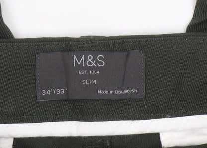 Marks and Spencer Men's Green 34/33 Slim Fit Stretch Chino Trousers