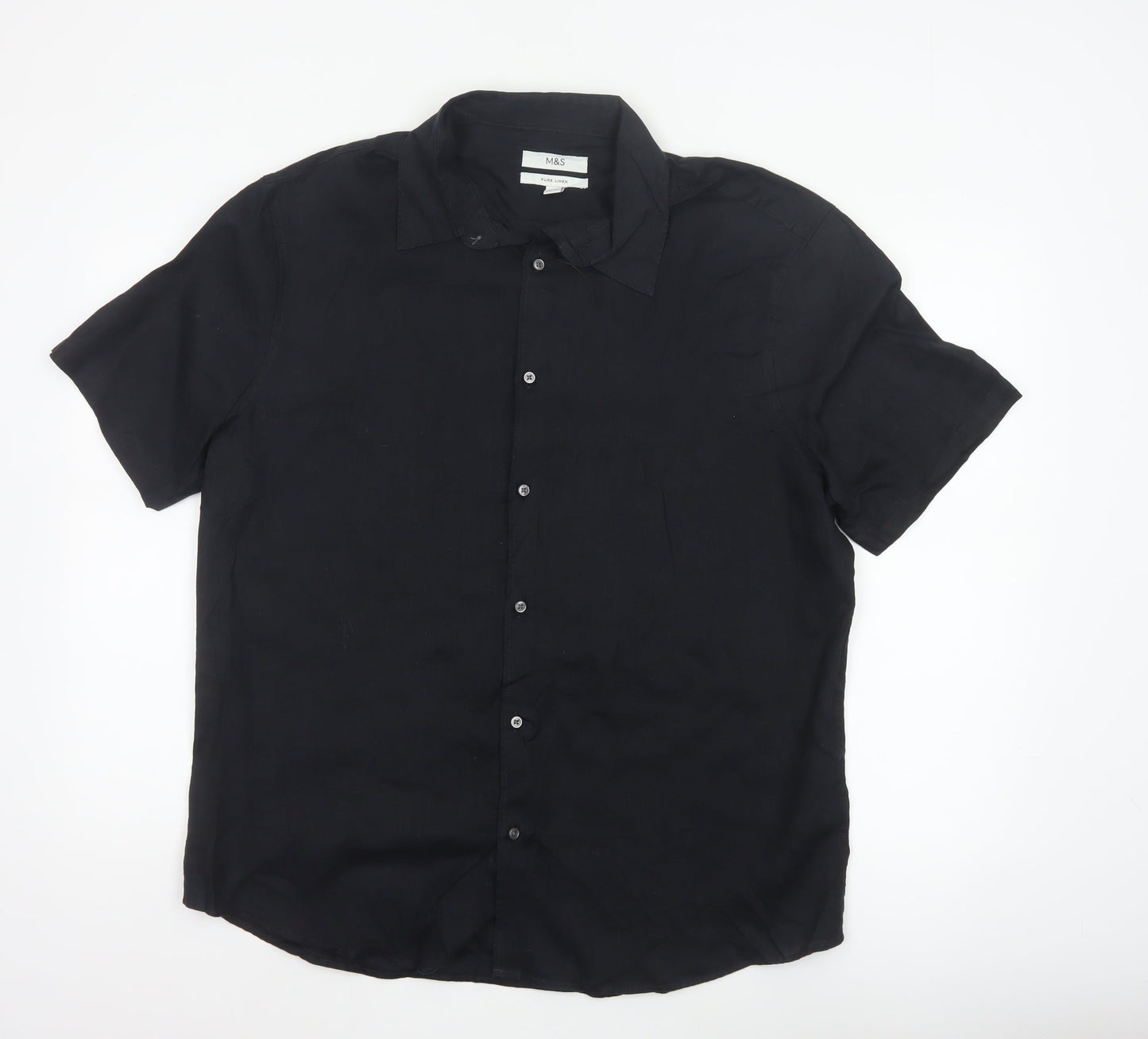 Marks and Spencer Men Black L Pure Linen Short Sleeve Button-Up Shirt