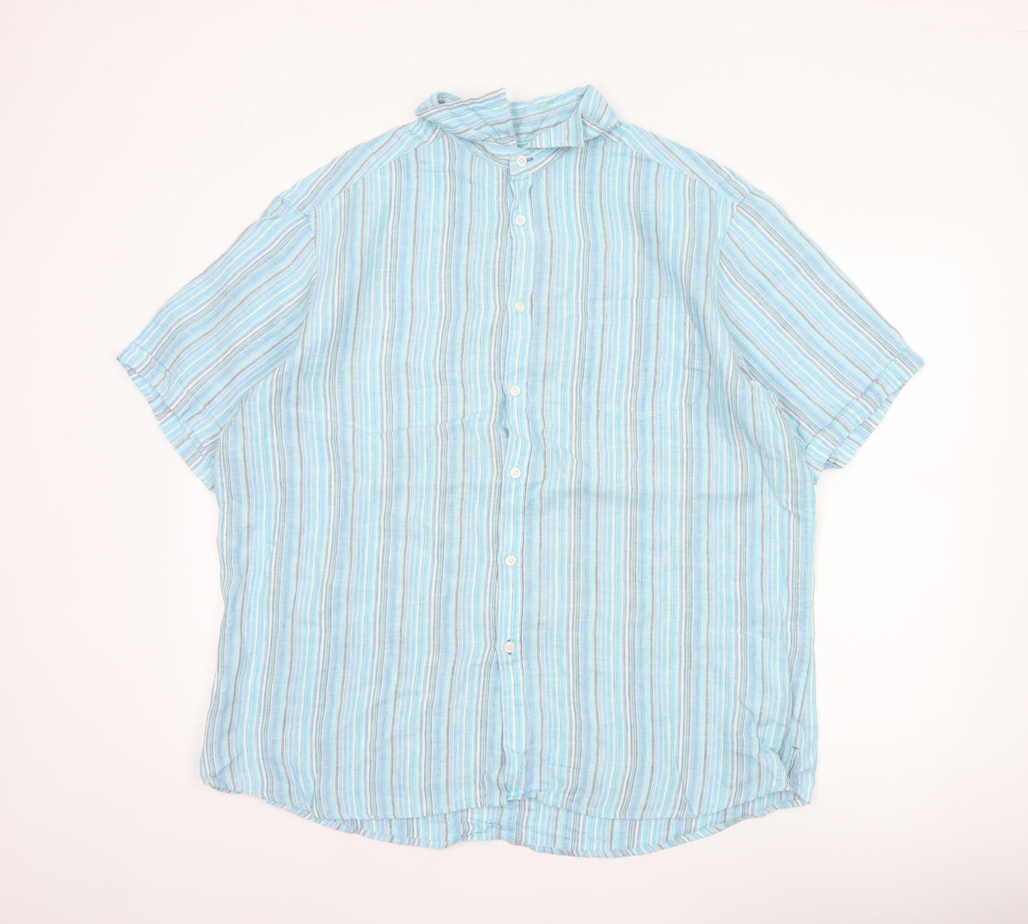 M&S Men Blue XL Linen Striped Short Sleeve Button-Up Shirt
