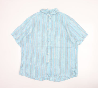M&S Men Blue XL Linen Striped Short Sleeve Button-Up Shirt