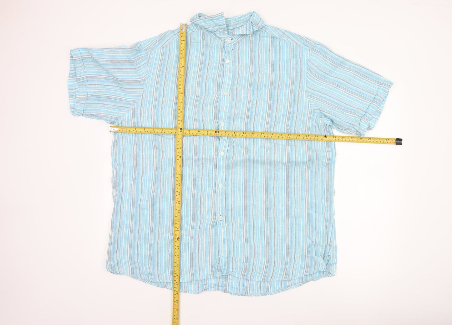 M&S Men Blue XL Linen Striped Short Sleeve Button-Up Shirt