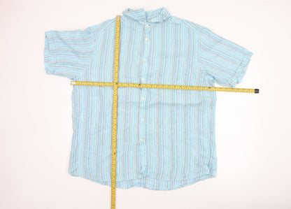 M&S Men Blue XL Linen Striped Short Sleeve Button-Up Shirt