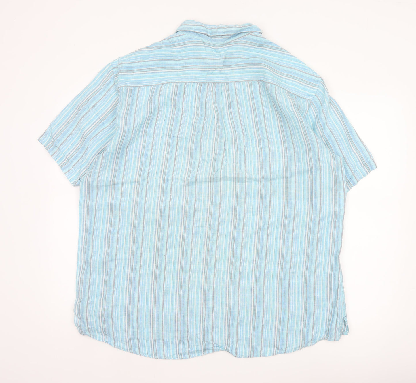 M&S Men Blue XL Linen Striped Short Sleeve Button-Up Shirt