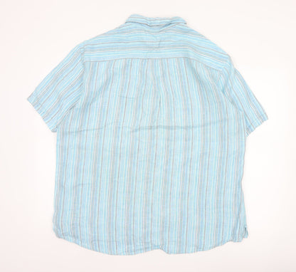 M&S Men Blue XL Linen Striped Short Sleeve Button-Up Shirt