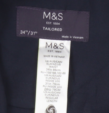 Marks & Spencer Men Blue 34 31 Tailored Wool Blend Dress Trousers