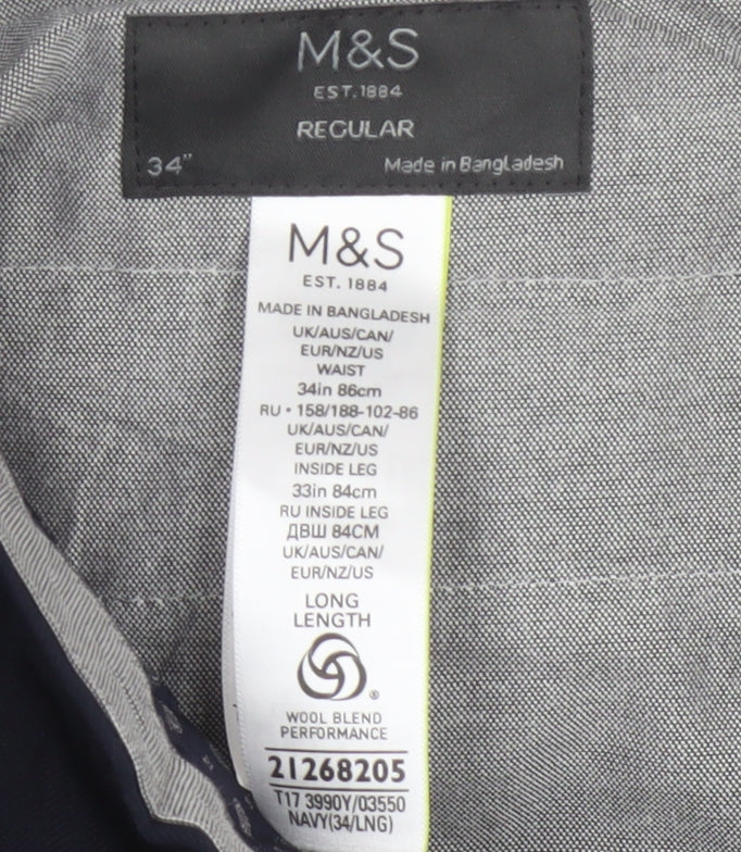 Marks and Spencer Mens Navy 34 Regular Wool Blend Straight Dress Trousers