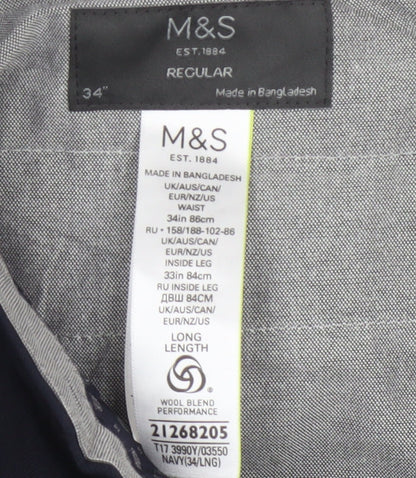 Marks and Spencer Mens Navy 34 Regular Wool Blend Straight Dress Trousers