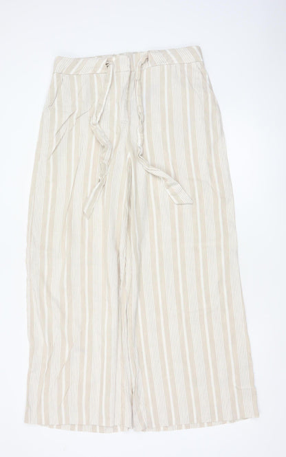 Mint Velvet Women Beige Stripe Linen Wide Leg Tie Trousers UK 4