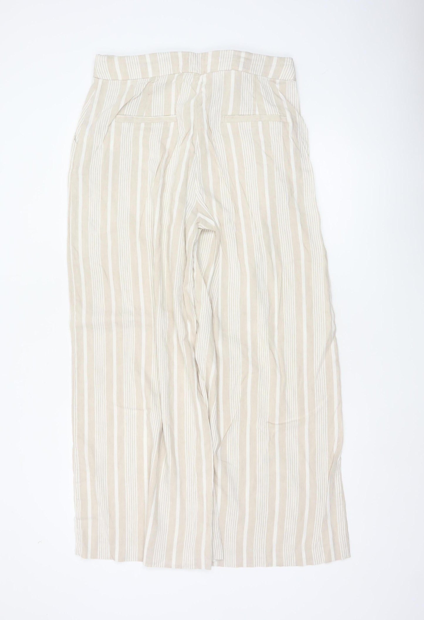 Mint Velvet Women Beige Stripe Linen Wide Leg Tie Trousers UK 4