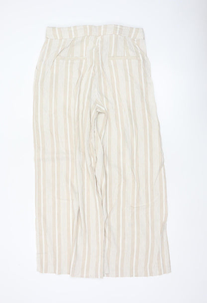 Mint Velvet Women Beige Stripe Linen Wide Leg Tie Trousers UK 4