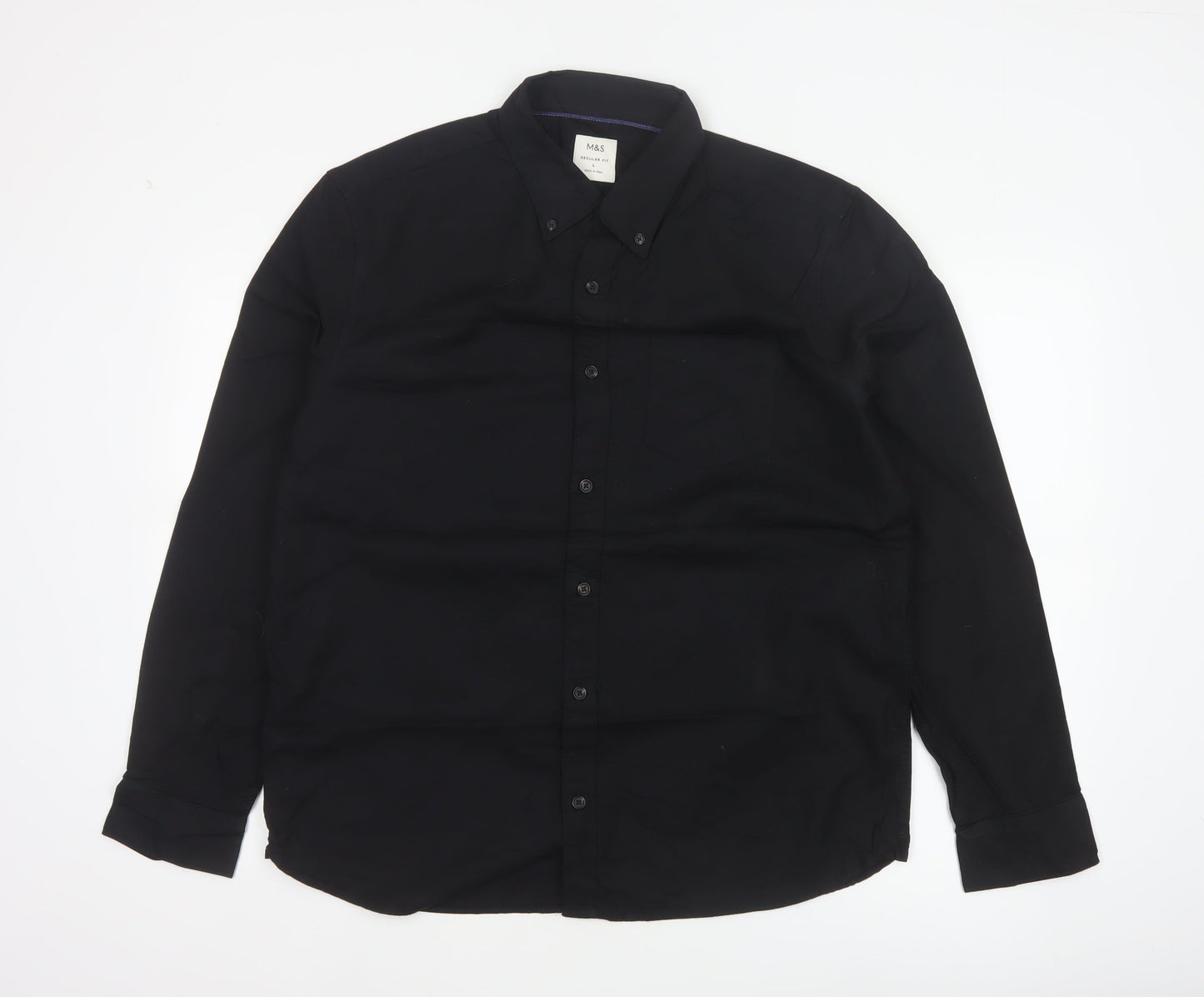 Marks and Spencer Men Black L Regular Fit Cotton Button-Down Shirt