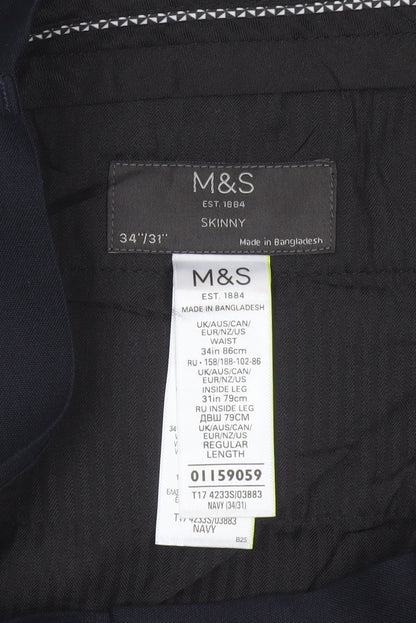 Marks & Spencer Men's Navy 34/31 Skinny Smart Dress Trousers Stretch