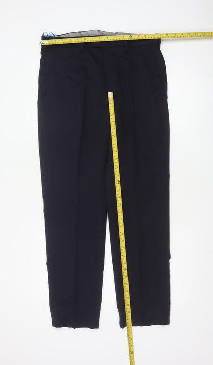 Marks & Spencer Men Navy 32/31 Wool Blend Flat Front Dress Trousers