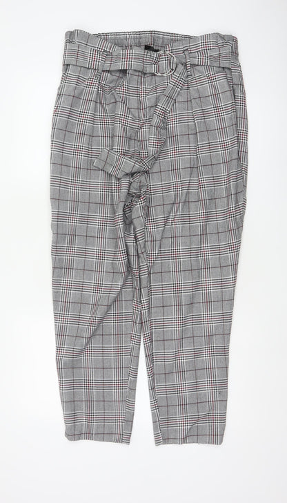 River Island Women Grey Plaid Paperbag Tapered Trousers Size 18