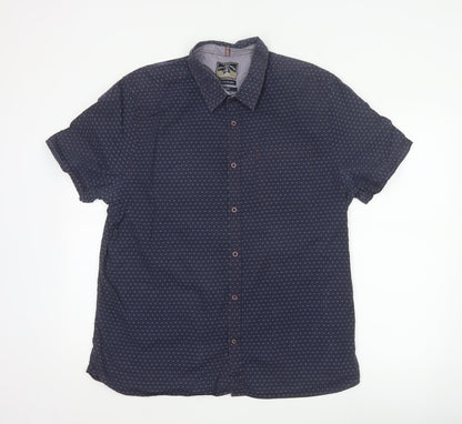 White Stuff Men Blue XL Slim Fit Cotton Geometric Short Sleeve Shirt