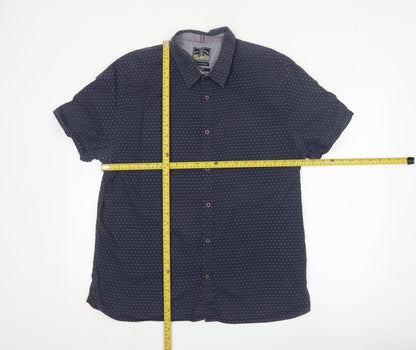 White Stuff Men Blue XL Slim Fit Cotton Geometric Short Sleeve Shirt