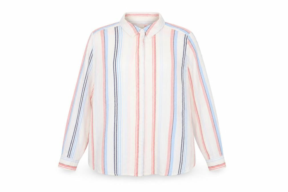Marks and Spencer Women White UK 16 Striped Linen Basic Button-Up Blouse