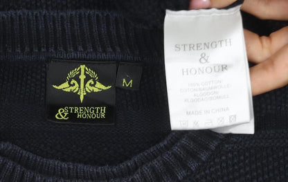Strength & Honour Men Black M Chunky Knit Geometric Crew Neck Jumper