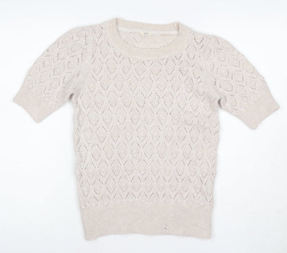 Fat Face Women Ivory Alpaca Blend Open-Knit Short Sleeve Pullover UK 8