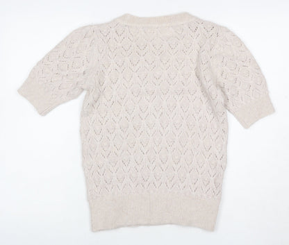 Fat Face Women Ivory Alpaca Blend Open-Knit Short Sleeve Pullover UK 8