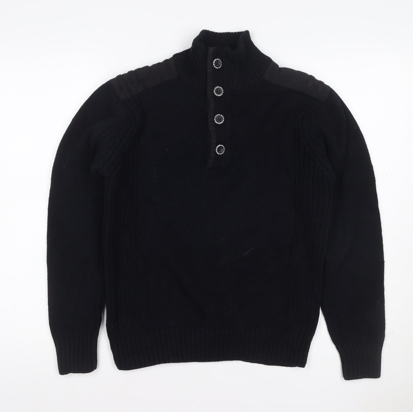 Burton Mens Black L Cable Knit High Neck Henley Jumper