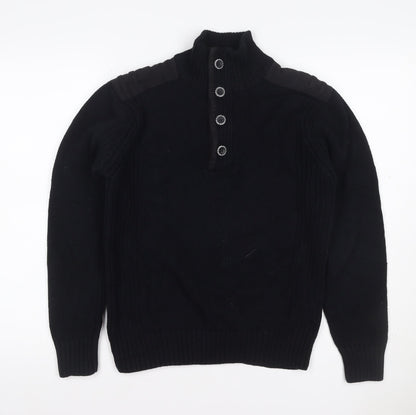 Burton Mens Black L Cable Knit High Neck Henley Jumper