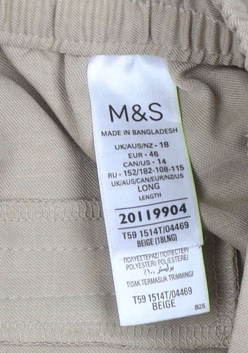 Marks & Spencer Women Beige UK 18 Long Wide Leg Elastic Waist Trousers