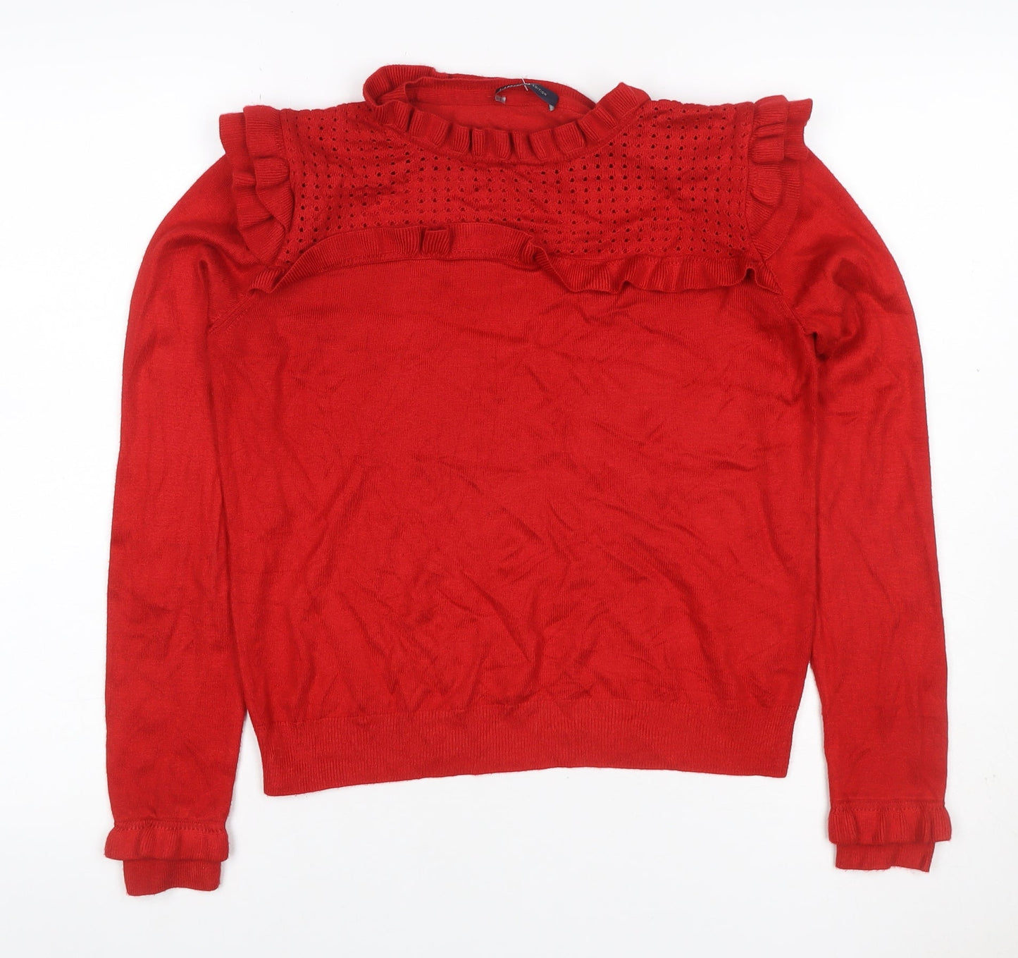 M&S Womens Red Size 12 Ruffle Open-Knit Long Sleeve Jumper