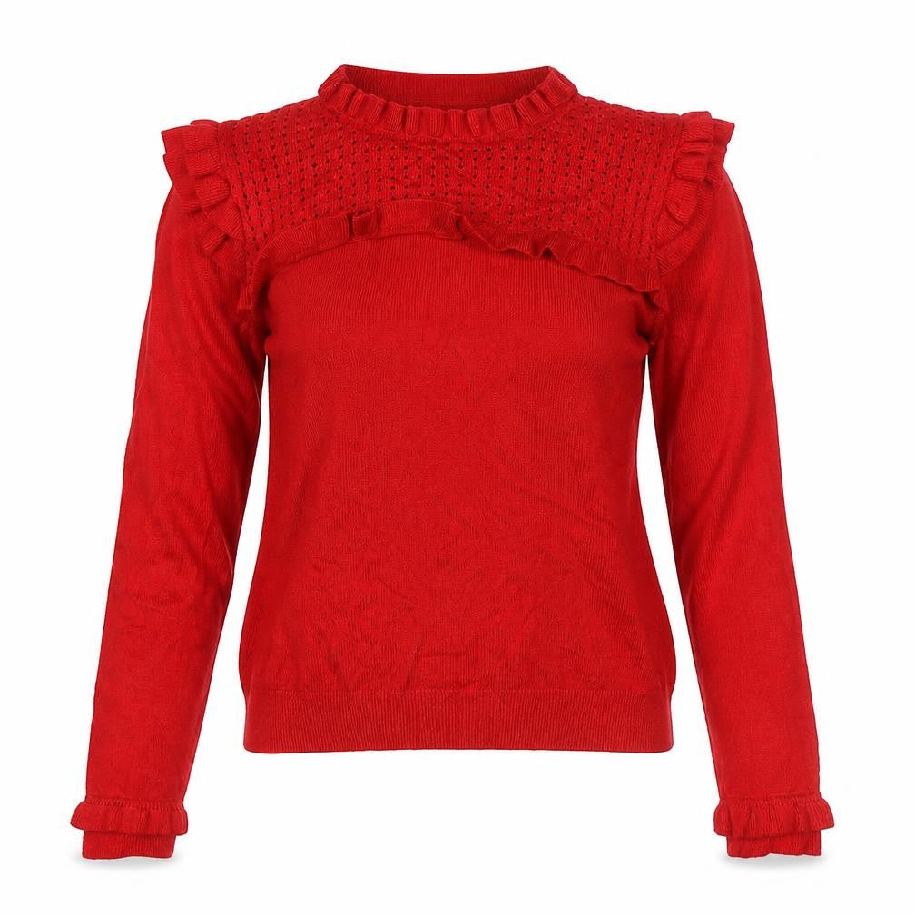 Marks & Spencer Womens Red Size 12 Ruffle Open-Knit Long Sleeve Jumper