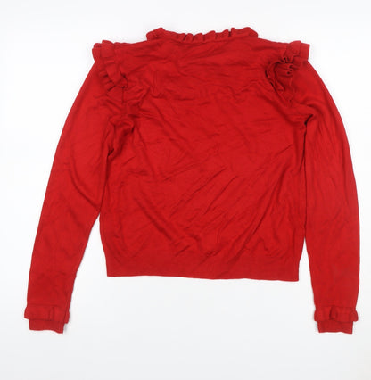 M&S Womens Red Size 12 Ruffle Open-Knit Long Sleeve Jumper