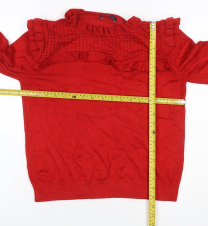 M&S Womens Red Size 12 Ruffle Open-Knit Long Sleeve Jumper