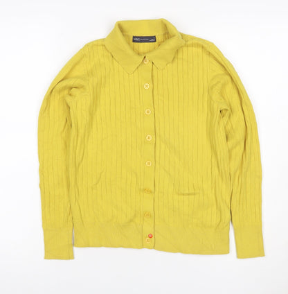 Marks & Spencer Women Yellow S Rib Knit Collared Button Cardigan