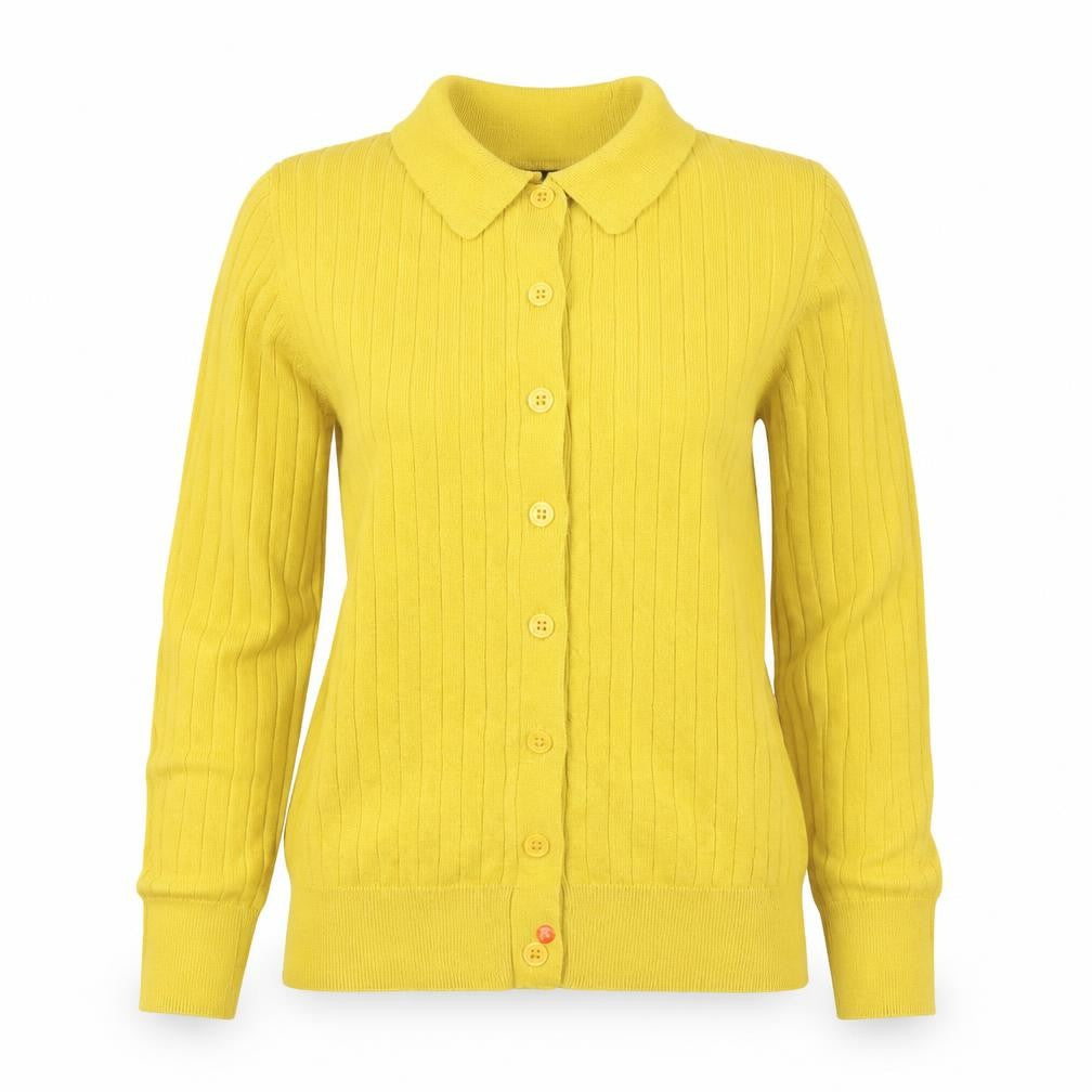 Marks & Spencer Women Yellow S Rib Knit Collared Button Cardigan