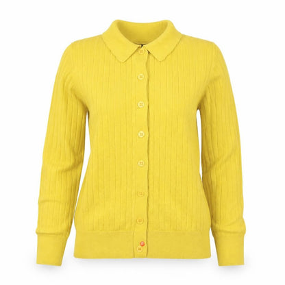 Marks & Spencer Women Yellow S Rib Knit Collared Button Cardigan