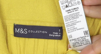 Marks & Spencer Women Yellow S Rib Knit Collared Button Cardigan