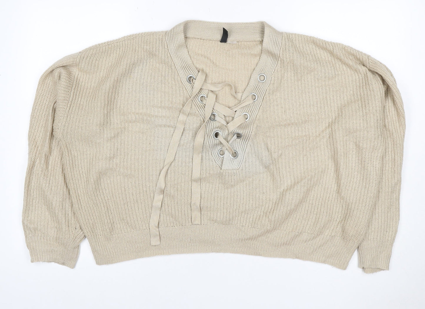 H&M Divided Women’s Beige M Lace-Up V-Neck Mohair Wool Knit Jumper