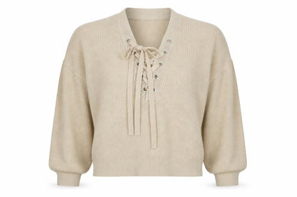 H&M Divided Women’s Beige M Lace-Up V-Neck Mohair Wool Knit Jumper