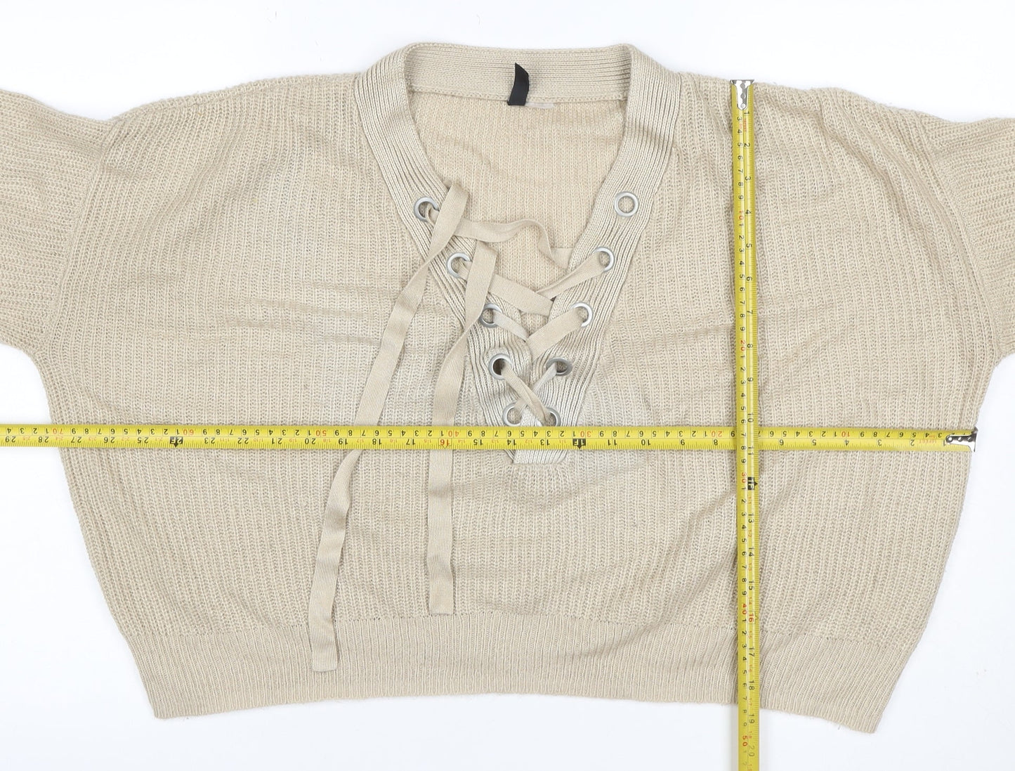 H&M Divided Women’s Beige M Lace-Up V-Neck Mohair Wool Knit Jumper
