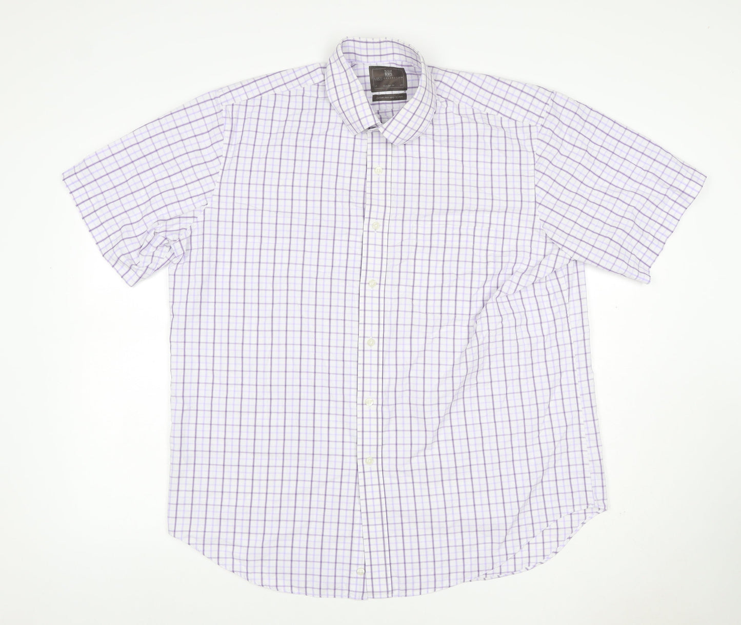 M&S Men White Purple Check Shirt 17 Regular Fit Short Sleeve