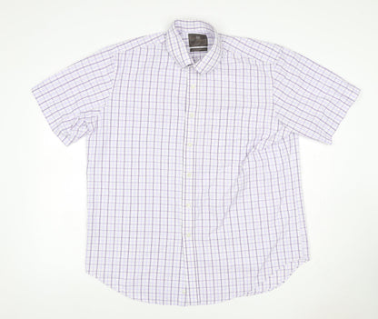 M&S Men White Purple Check Shirt 17 Regular Fit Short Sleeve