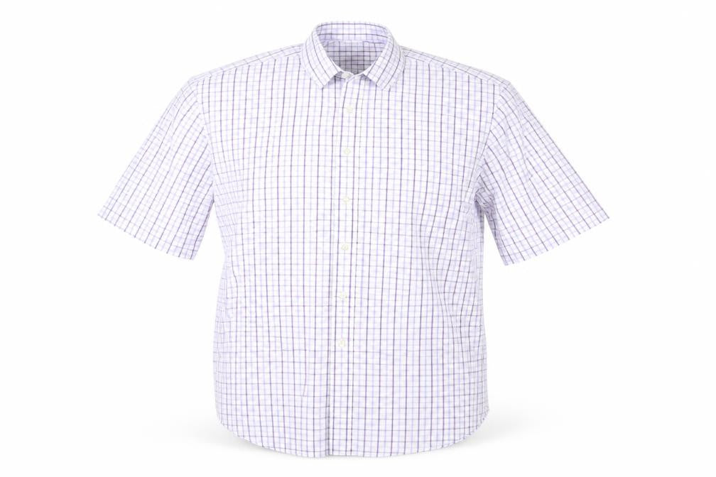 M&S Men White Purple Check Shirt 17 Regular Fit Short Sleeve