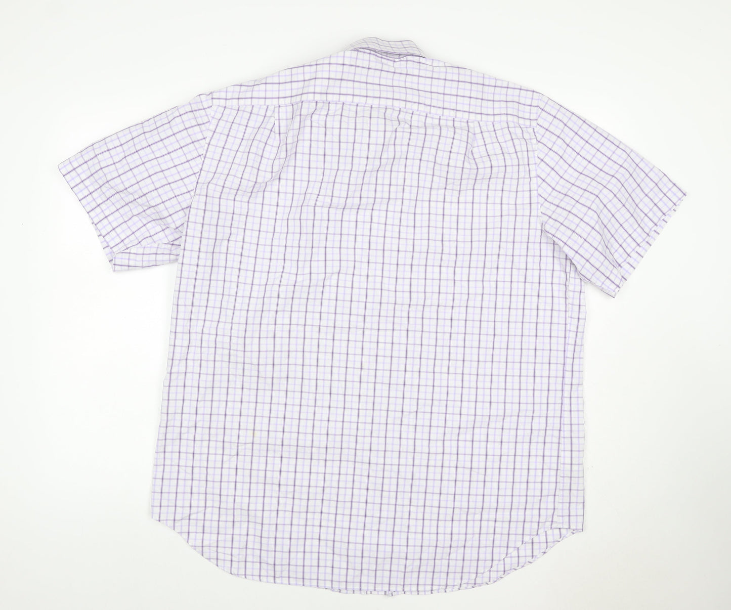 M&S Men White Purple Check Shirt 17 Regular Fit Short Sleeve