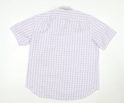 M&S Men White Purple Check Shirt 17 Regular Fit Short Sleeve
