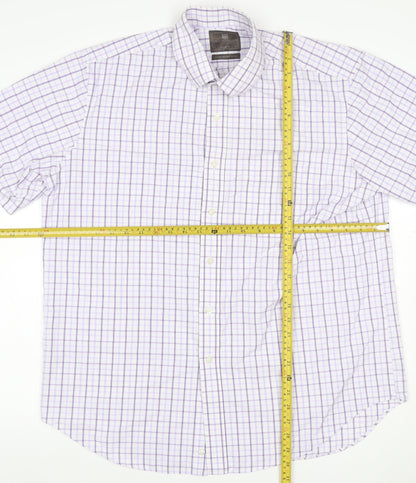M&S Men White Purple Check Shirt 17 Regular Fit Short Sleeve